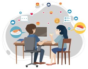 Couple interacting online while eating sushi